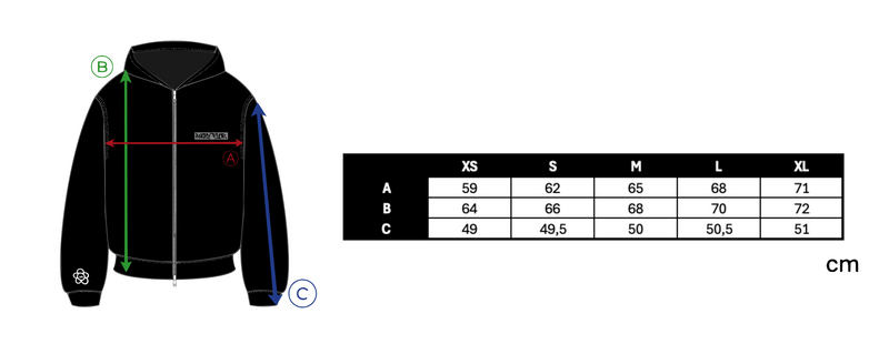 ANGRY FLOR ZIP HOODIE - BLACK size chart