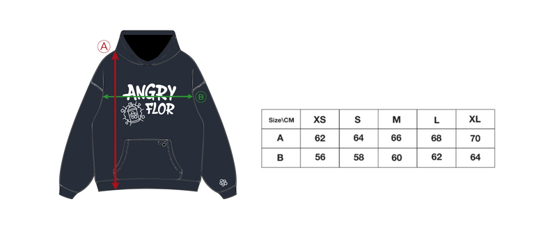ANGRY FLOR HOODIE I - BLUE size chart
