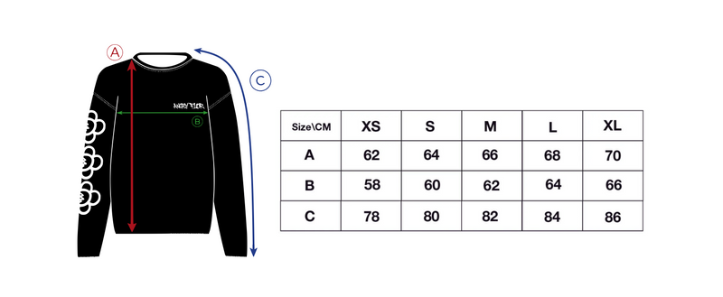 ANGRY FLOR LONG SLEEVE TEE- BLACK size chart