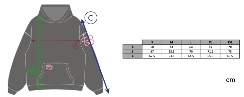 ANGRY FLOR HOODIE - DARK GREY size chart