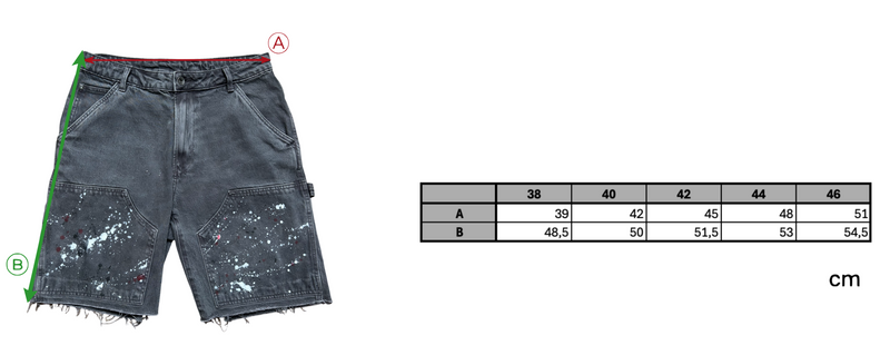 HANDMADE WORKING SHORT JEANS size chart