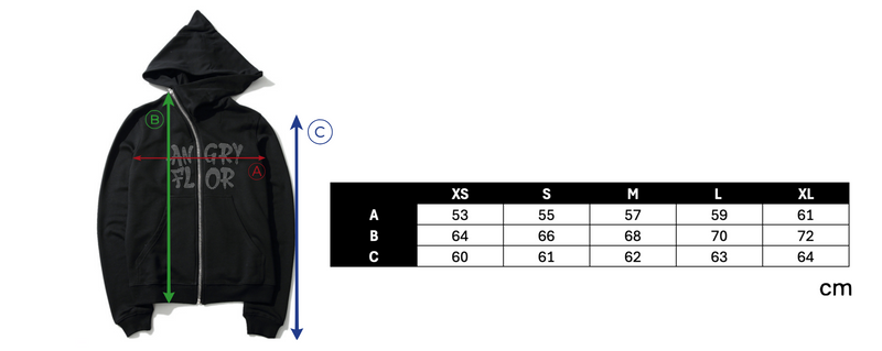 RHINESTONE ZIP HOODIE size chart