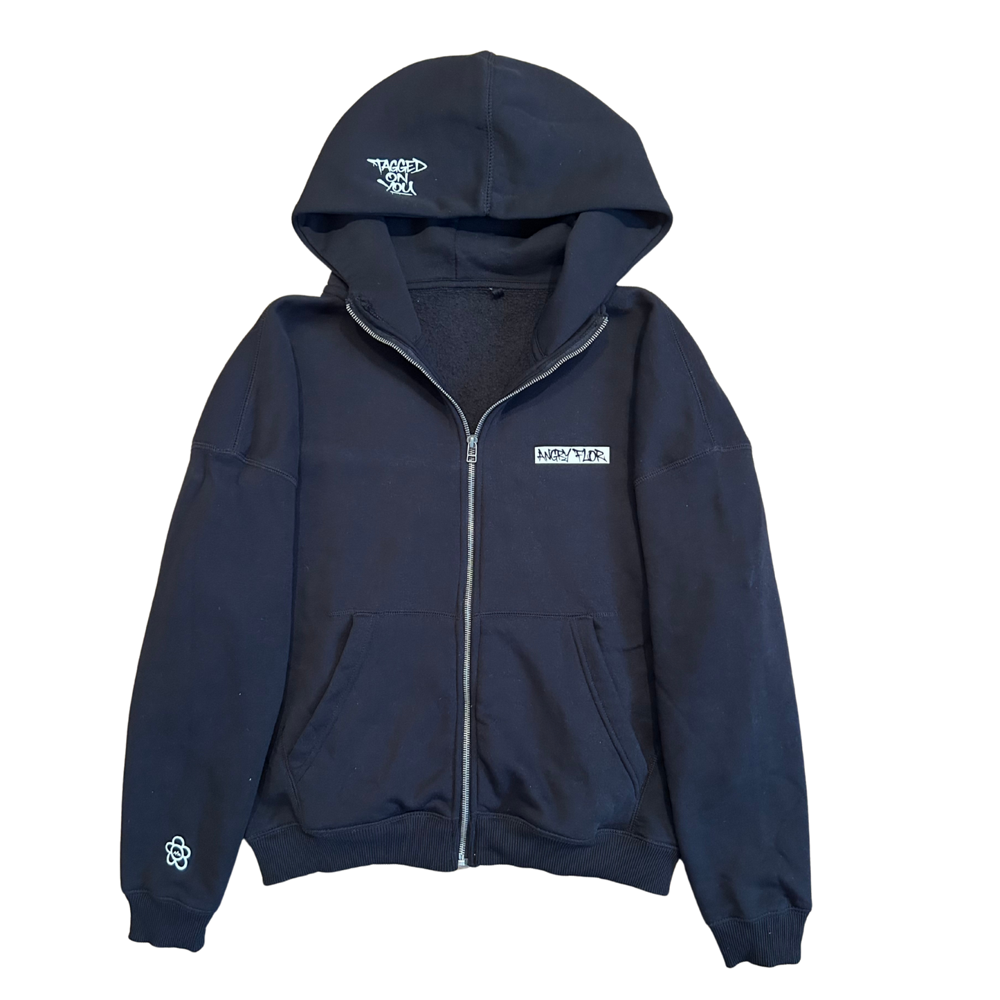 ANGRY FLOR ZIP HOODIE - BLACK
