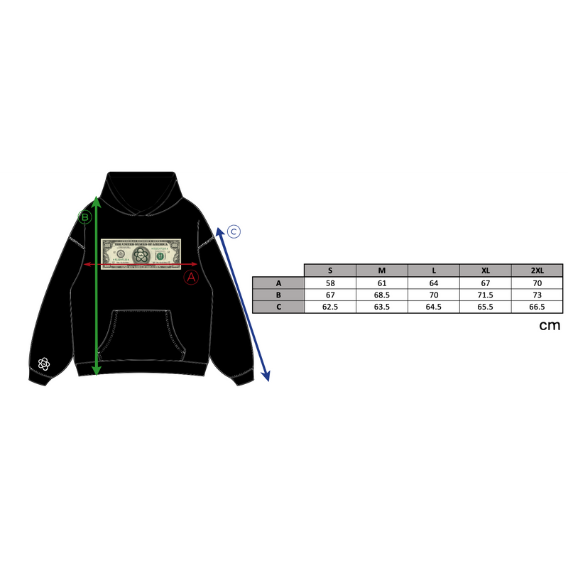 DOLLAR HOODIE - BLACK size chart