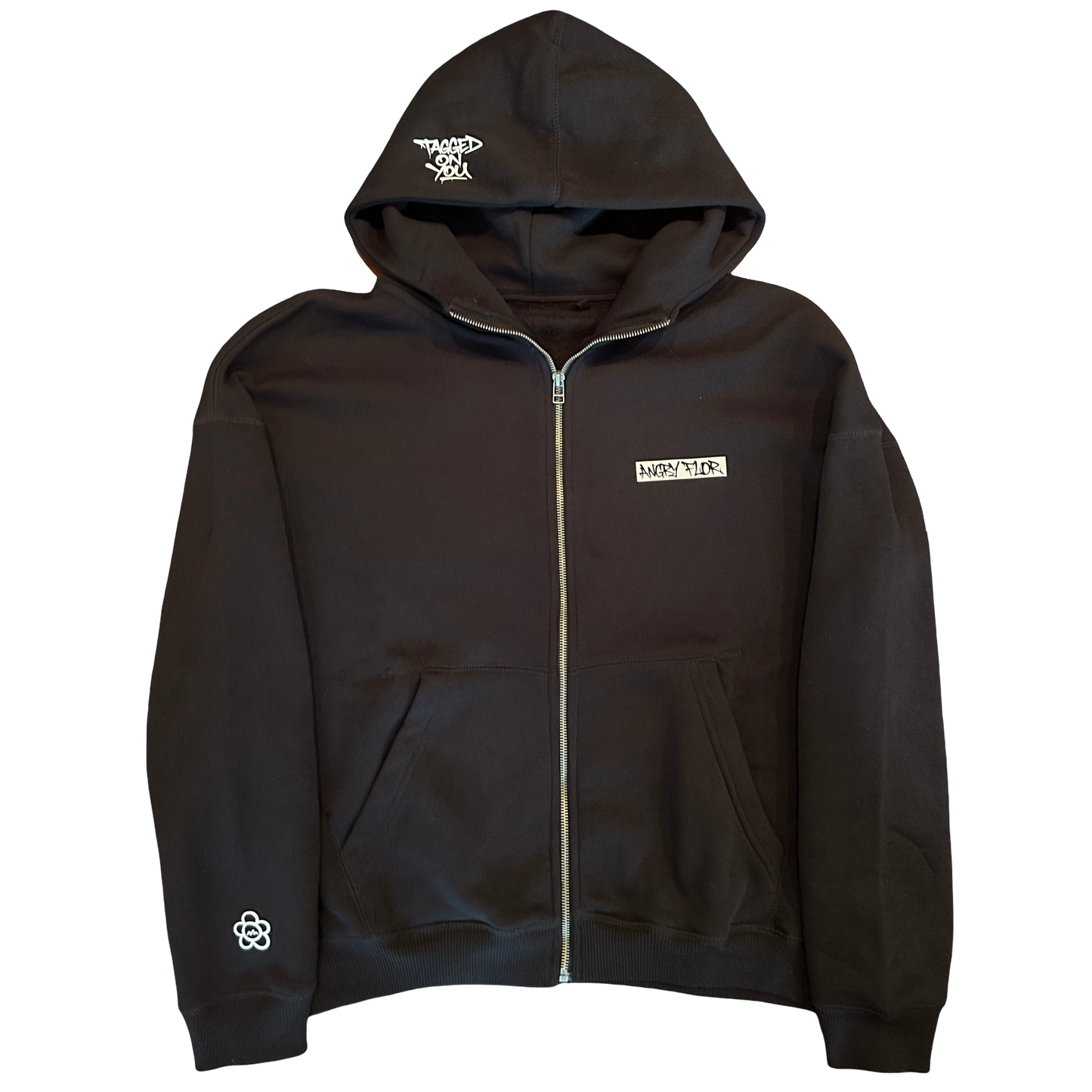 ANGRY FLOR ZIP HOODIE - BLACK